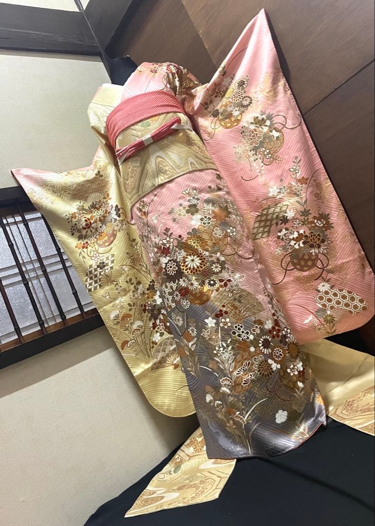 振袖フルセット6点サイズM〜Ｌ花籠文　暈し染め　金彩　正絹