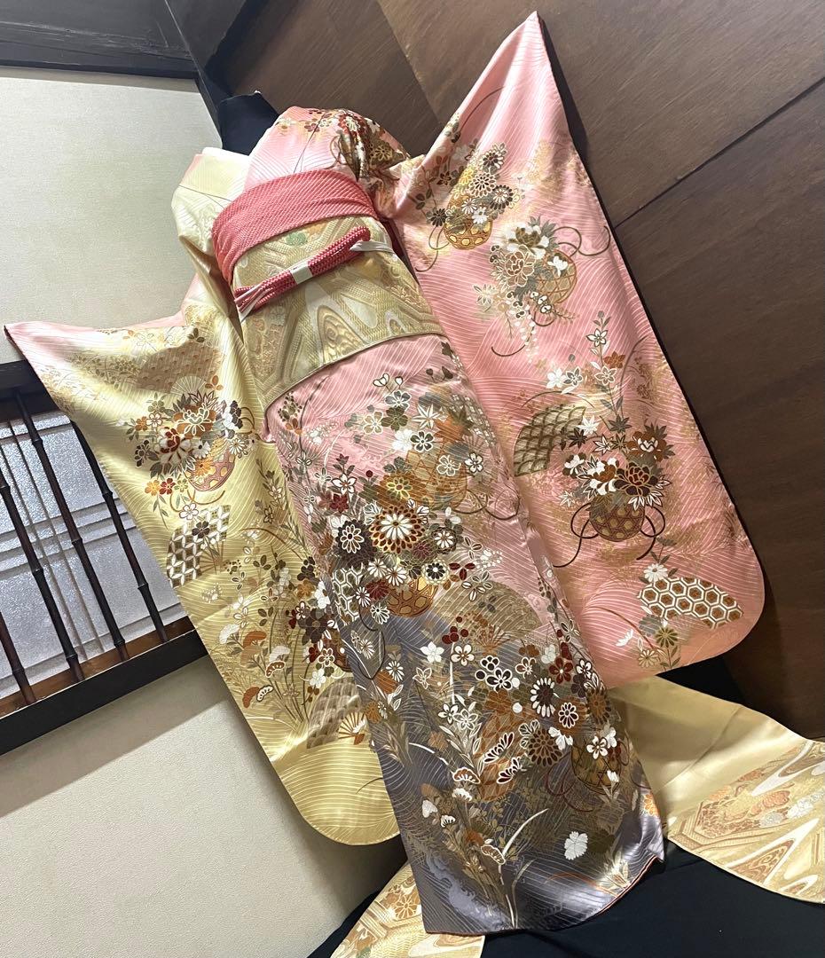 振袖フルセット6点サイズM〜Ｌ花籠文　暈し染め　金彩　正絹