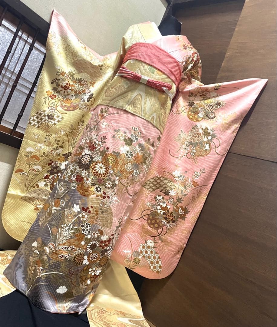 振袖フルセット6点サイズM〜Ｌ花籠文　暈し染め　金彩　正絹
