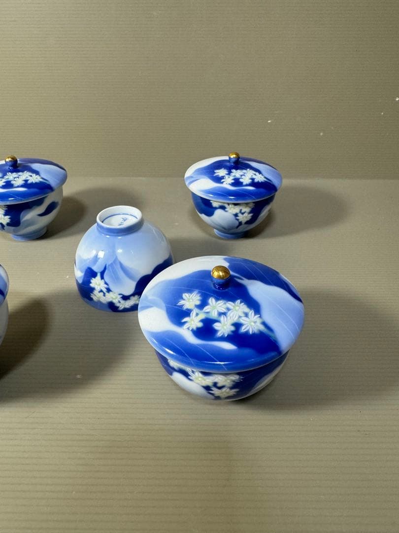 2386 深川製磁　白い花　湯呑　蓋付き　5客　未使用