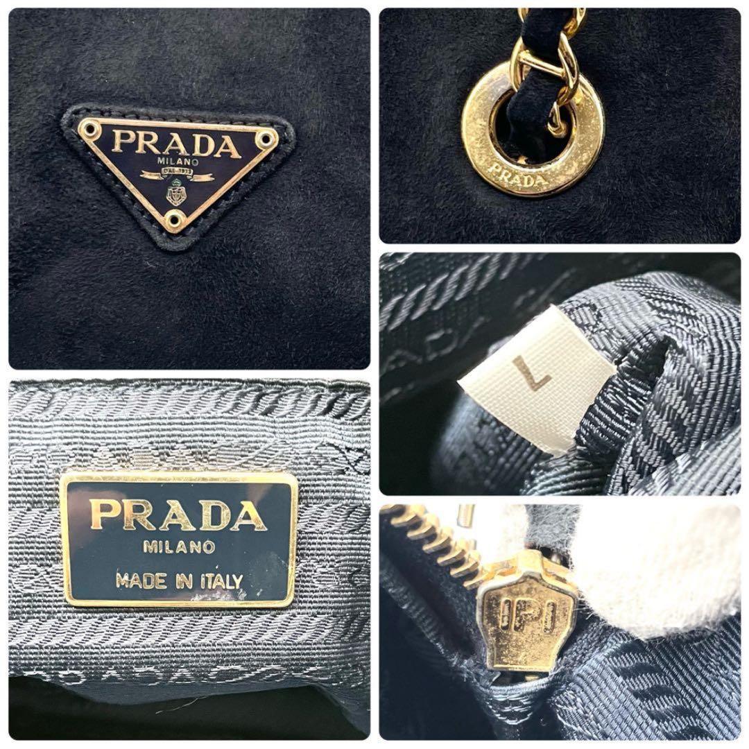 美品✨プラダ ハンドバッグ チェーン スエード 三角ロゴ ゴールド金具 ブラック