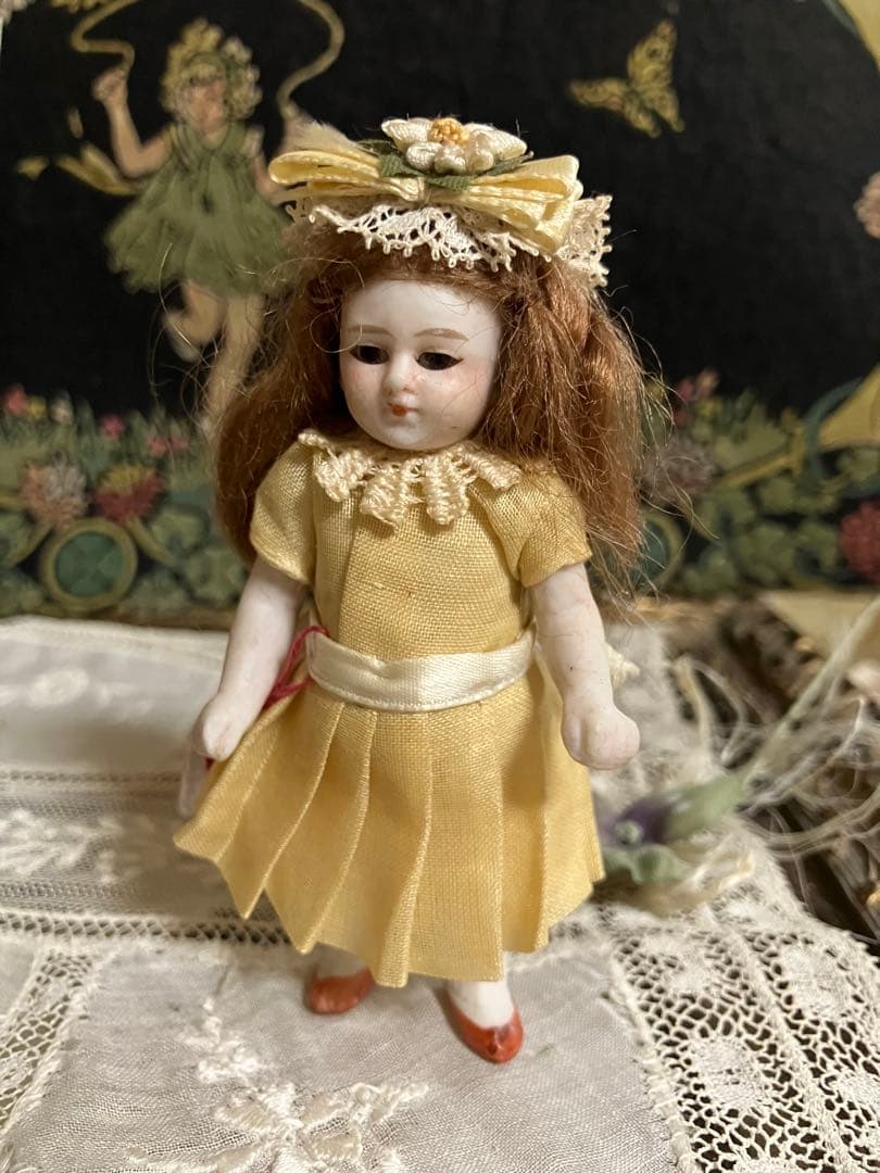 激安　アンティーク黄色ドレスのミニョネット　ドイツビスク　オールオリジナル