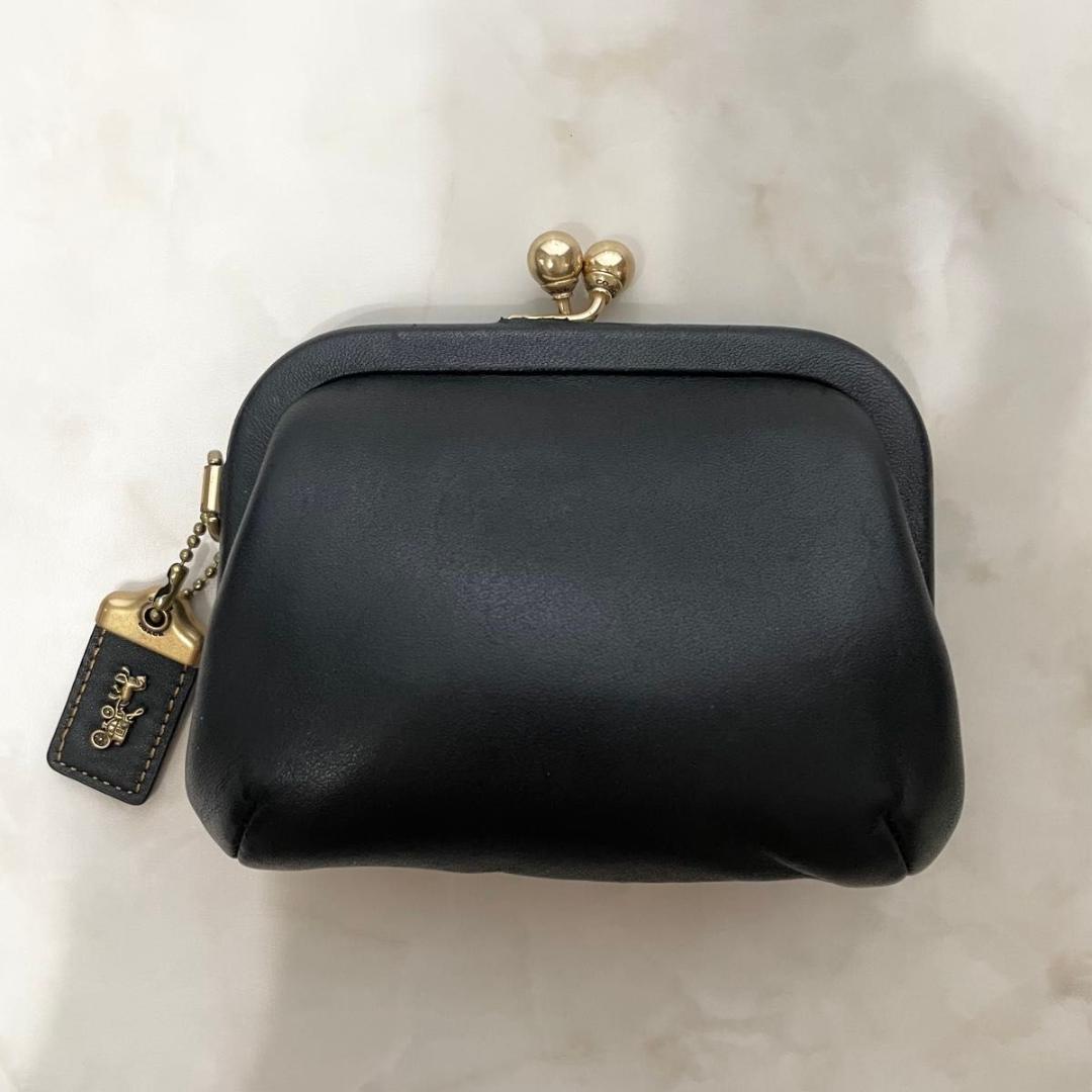 小物 COACH Leather Coin Purse Kiss Lock Black