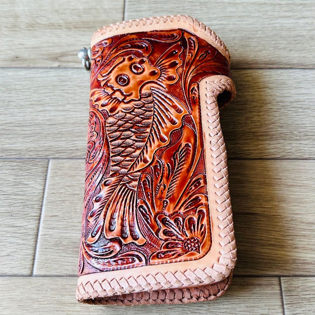【新品】本革 牛革 カービング バイカーズウォレット ハンドメイド 長財布