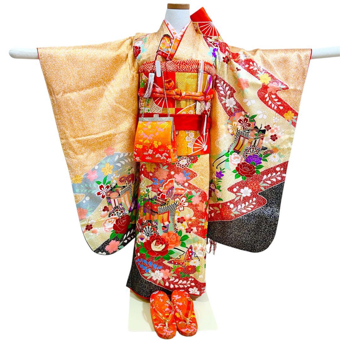 着物　七五三　7歳　女の子　13点　フルセット　オレンジ　御所車　花文　吉祥文様