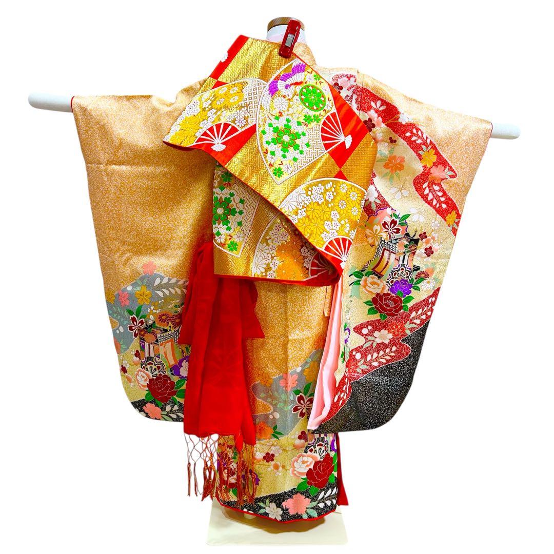 着物　七五三　7歳　女の子　13点　フルセット　オレンジ　御所車　花文　吉祥文様