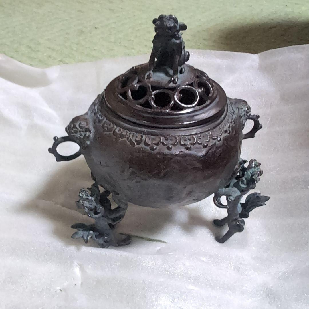 1817 高岡銅器　須賀七郎作　月芳　蝋型鋳銅　三獅子　香炉　時代物