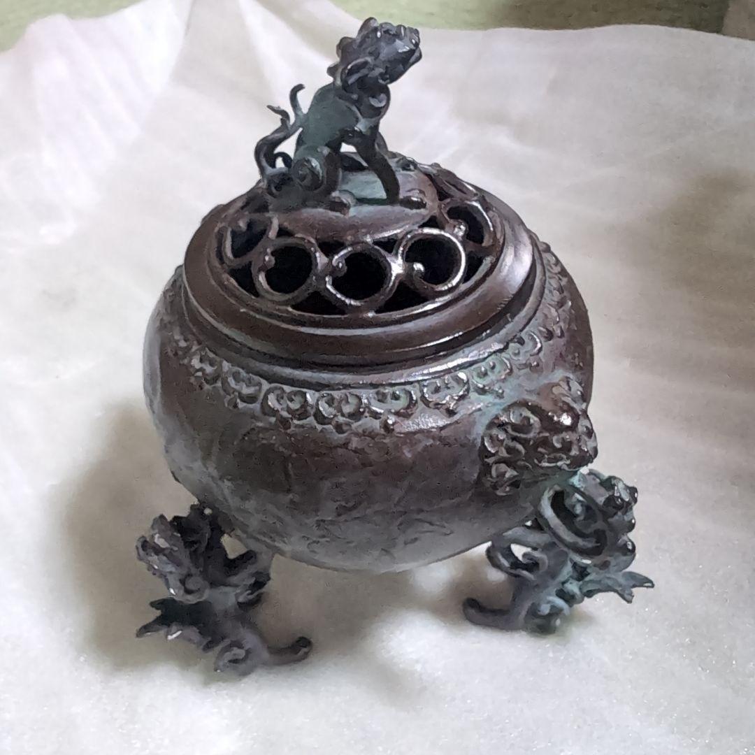 1817 高岡銅器　須賀七郎作　月芳　蝋型鋳銅　三獅子　香炉　時代物