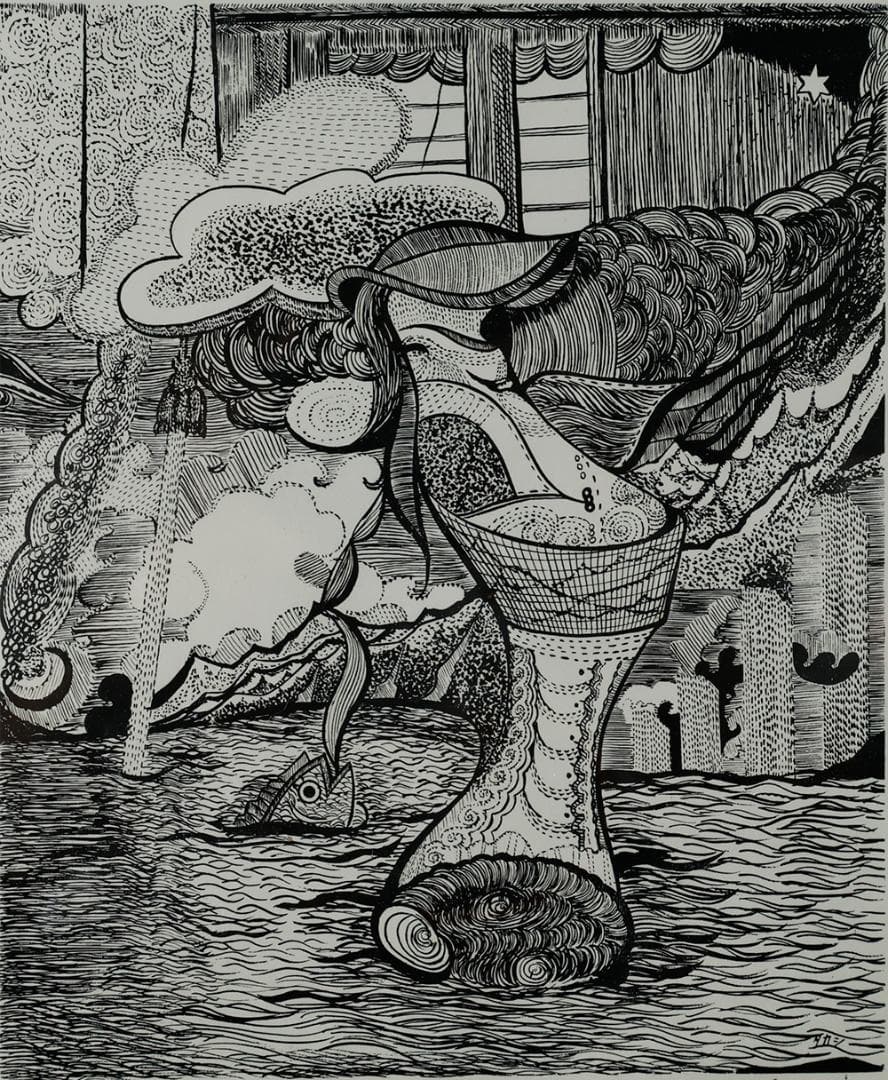 池上隆 直筆サイン 細密 鉛筆画 潮騒 額装 2号 共シール