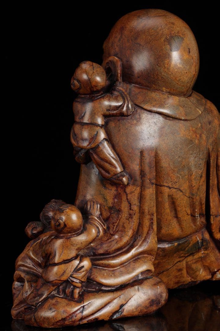 石彫 布袋尊 童子戯れ 置物 高さ21cm 七福神 縁起物 仏像 古美術 骨董品