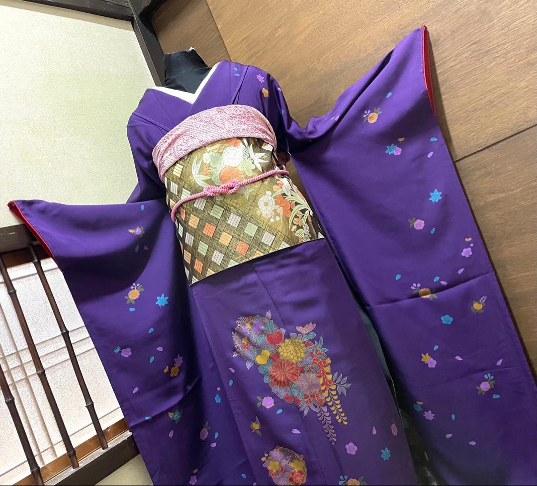 振袖 フルセット6点サイズＬ雪輪舞花文　金彩　正絹