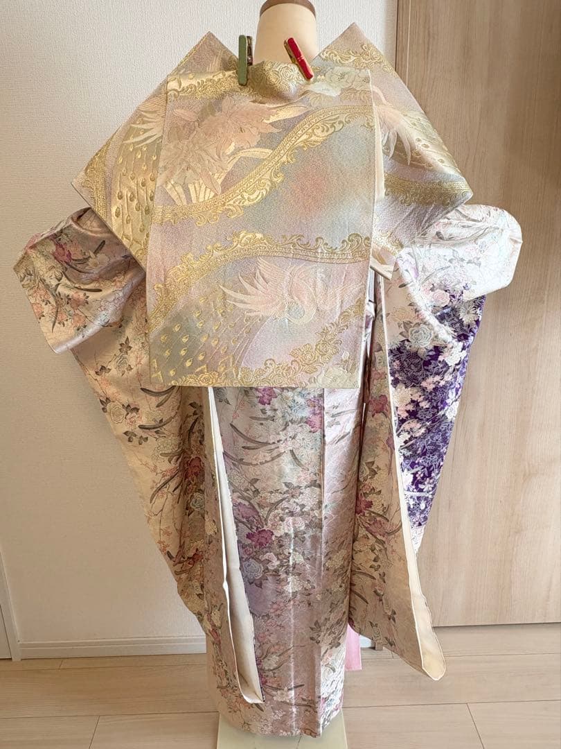 振袖セット 成人式応援 クリーム色系 紫系 ヴィンテージ MH2512261