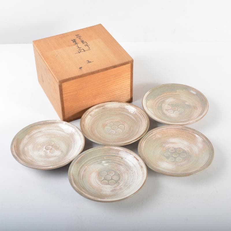 丹山窯　小峠葛芳造　三島手花文　菓子皿　五客　共箱　V　4443