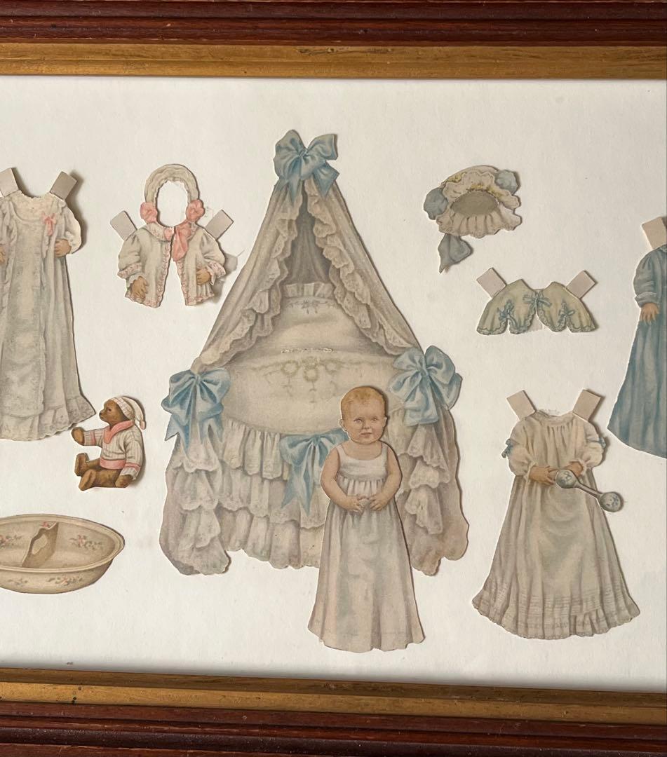 アンティークヴィクトリアンガラスフレーム壁掛け額装飾ペーパードール紙もの