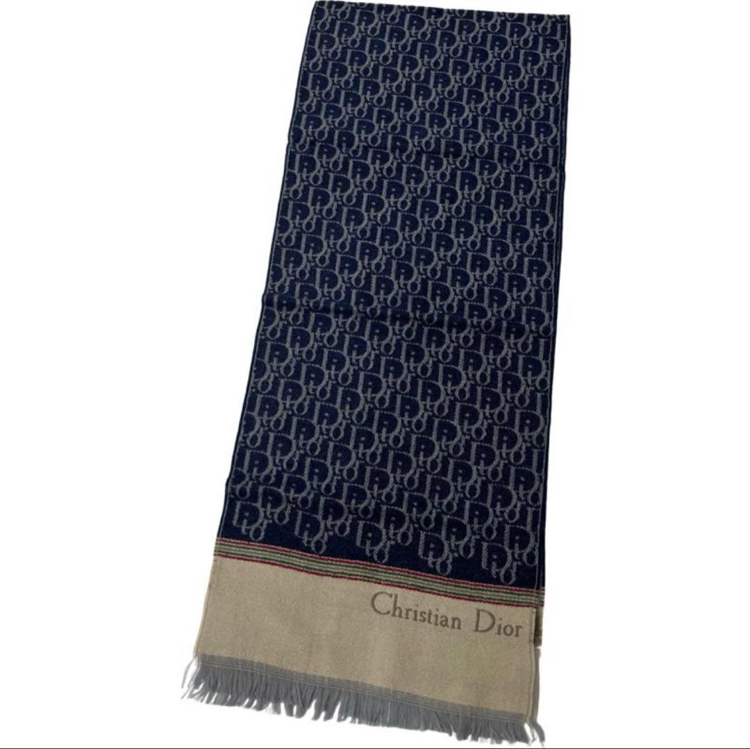 ChristianDiorトロッター柄総柄ウールマフラーブルー系