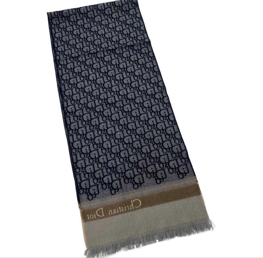 ChristianDiorトロッター柄総柄ウールマフラーブルー系