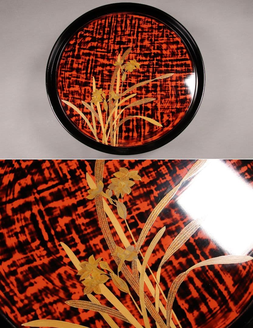 M851/ 木製漆器 草花絵変蒔絵 足付円形膳 五客 根来 黒塗 / 丸輪島加賀