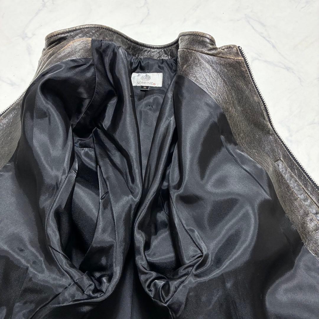 美品✨エイジング加工 シングル ライダースジャケット 羊革 ブラック XL 50