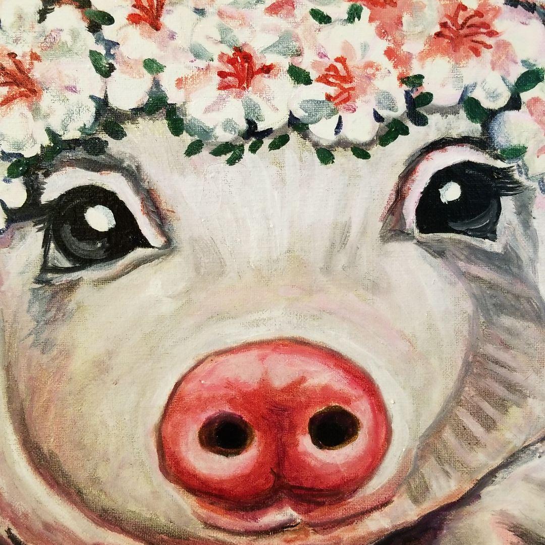 油絵　専用　頭に花をのせた豚