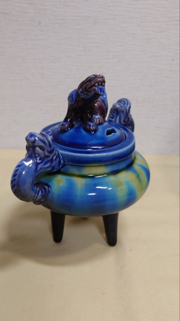 九谷　三代　徳田八十吉　正彦銘　碧彩釉　香炉　共箱