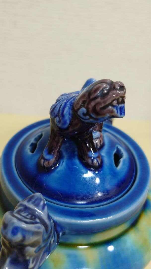 九谷　三代　徳田八十吉　正彦銘　碧彩釉　香炉　共箱