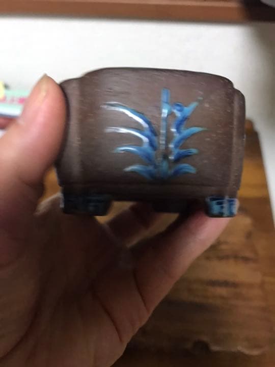 盆栽鉢　時代　陶翠　彩交趾黒泥隅入長方鉢