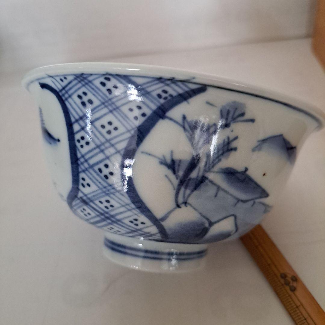 お値下げ中　　中国古玩　明時代　盛化年　薄焼　反縁椀　染付青磁　縦三割文