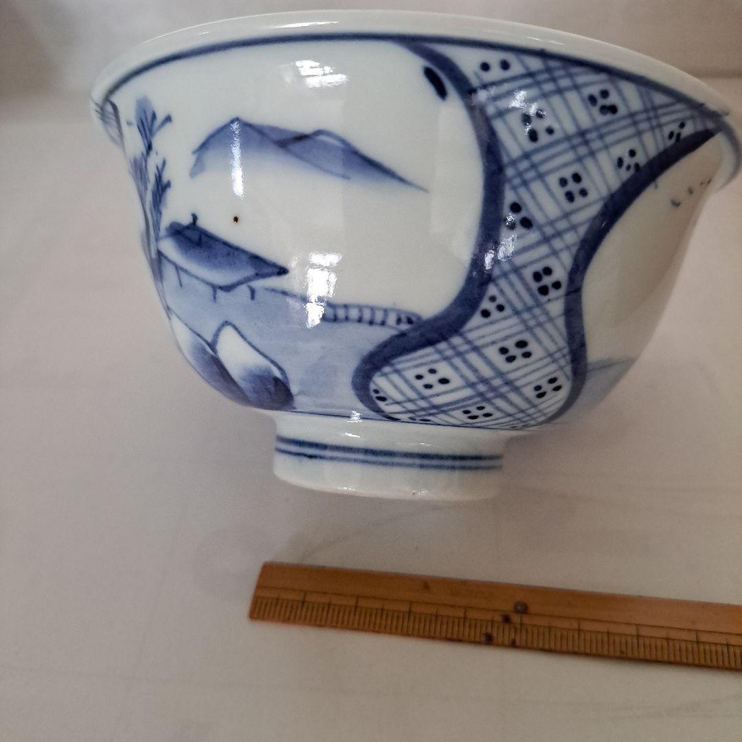 お値下げ中　　中国古玩　明時代　盛化年　薄焼　反縁椀　染付青磁　縦三割文