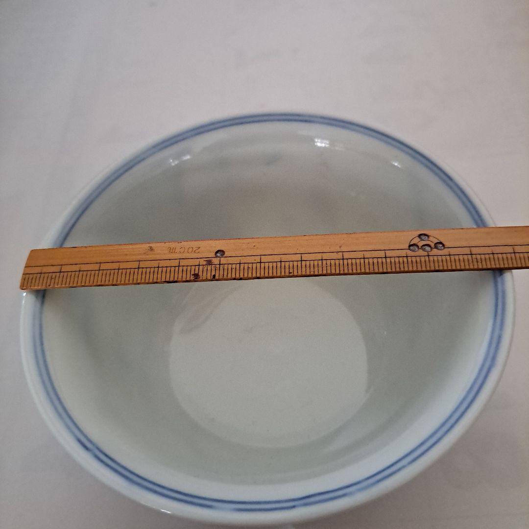 お値下げ中　　中国古玩　明時代　盛化年　薄焼　反縁椀　染付青磁　縦三割文