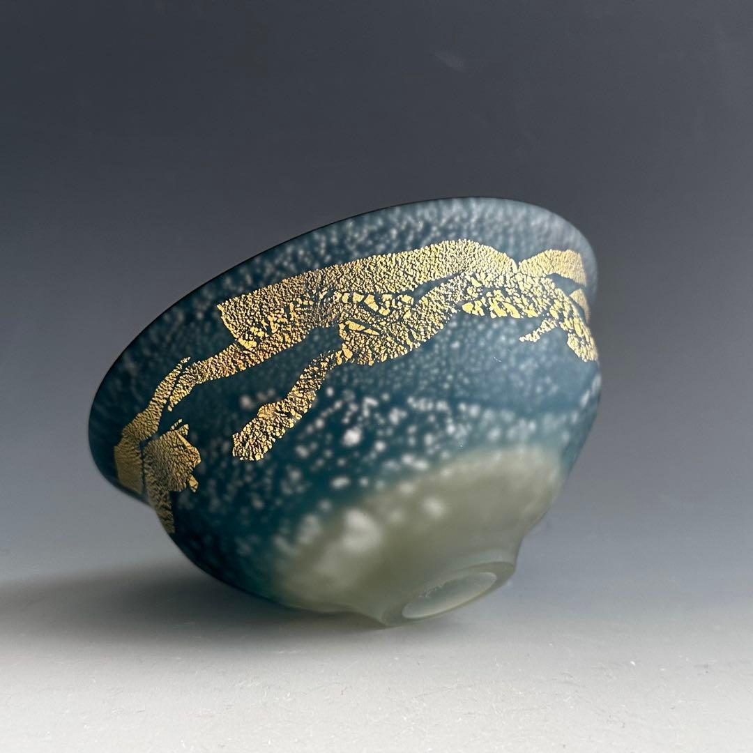 茶道具　彩色金銀箔入　クリスタル　茶碗　大川薫　共箱　ガラス　硝子　夏茶碗　茶会