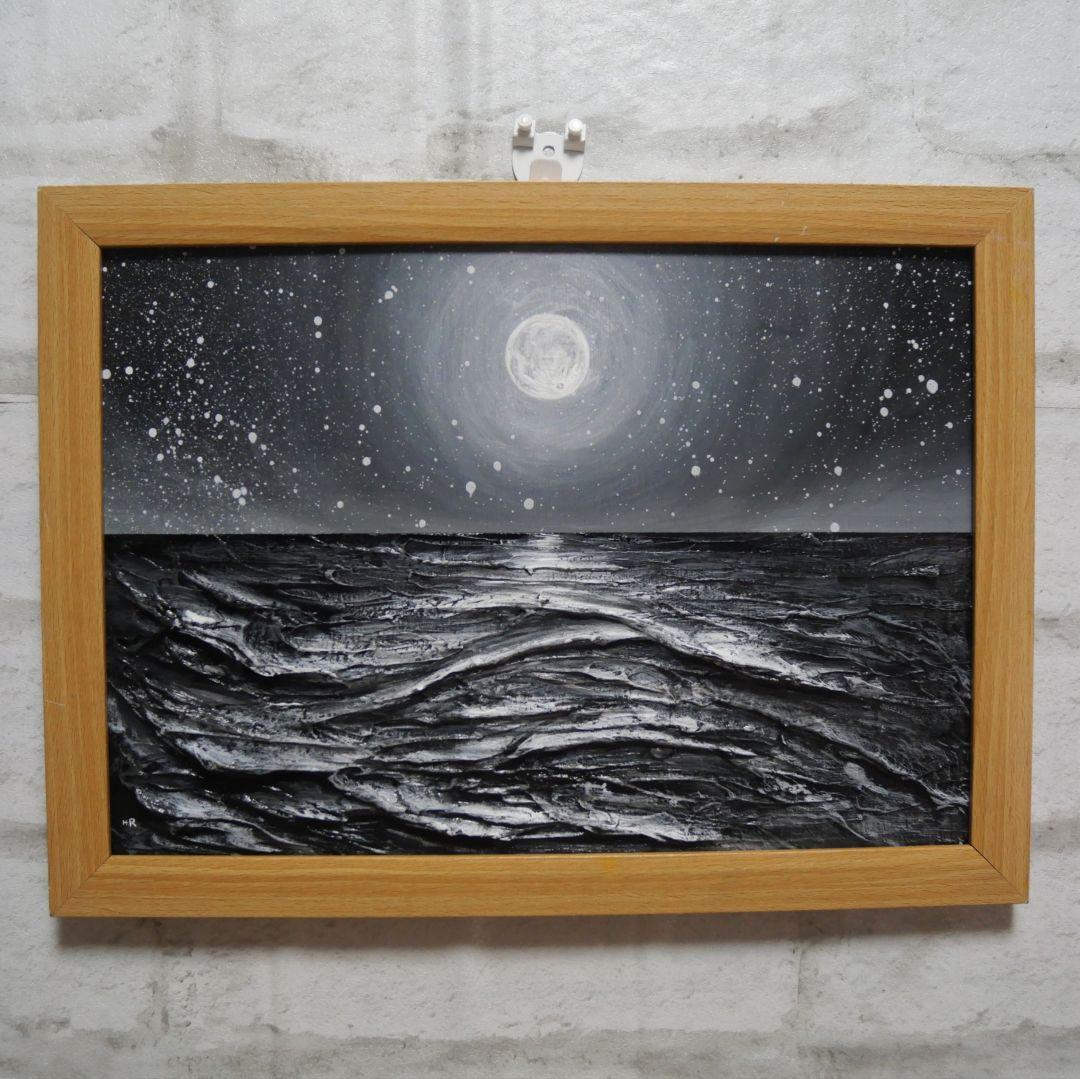 油絵 油彩 油彩画 絵 絵画 【白黒の満月と星空の海】