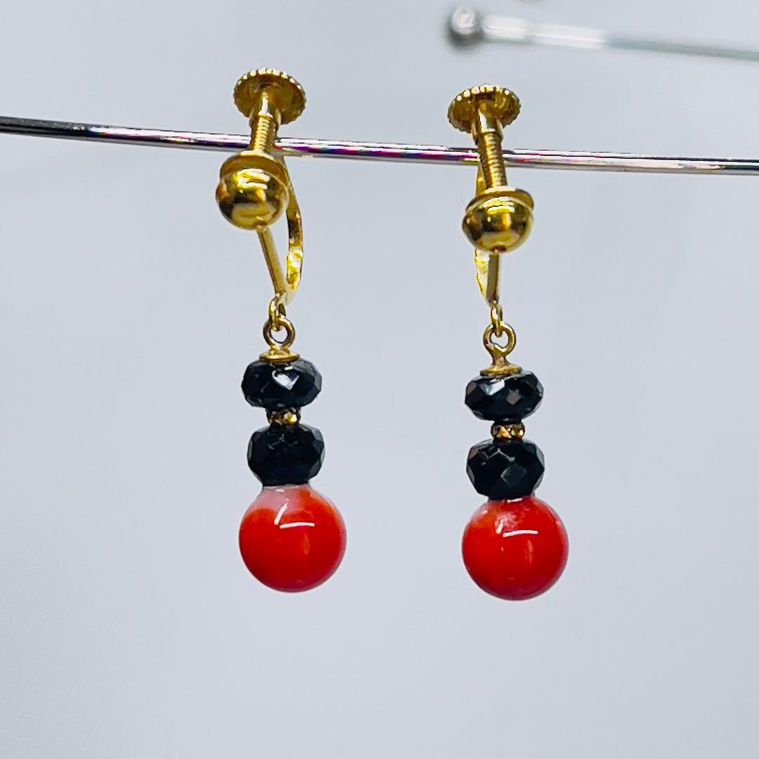 W*k様 【土佐名産】天然血赤珊瑚とブラックトルマリンK18イヤリング