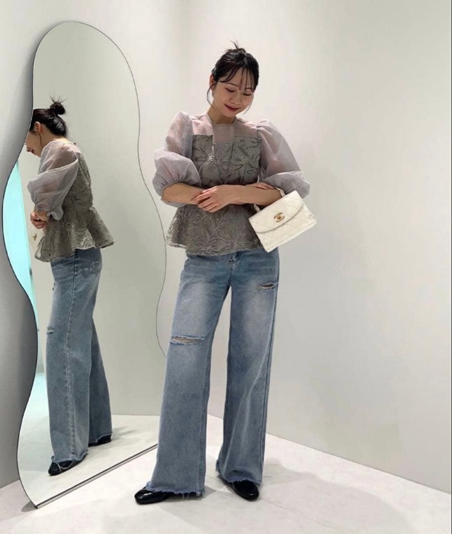 LEJAシアーパフスリーブペプラムスパンコール花柄Iラインドレス オケージョン