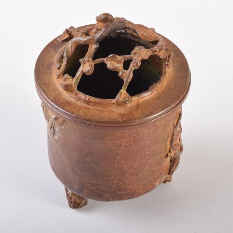 高岡銅器　三好三治造　蝋型鋳銅　花草文香炉　共布共箱　V　6971