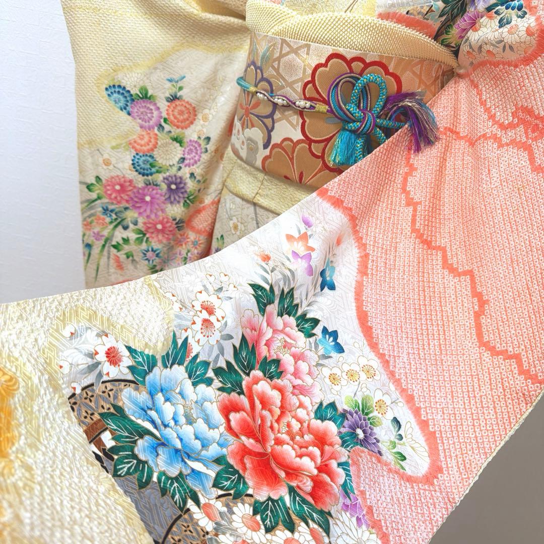 491 振袖フルセット 正絹 コーラルオレンジ クリームイエロー 絞り 金彩