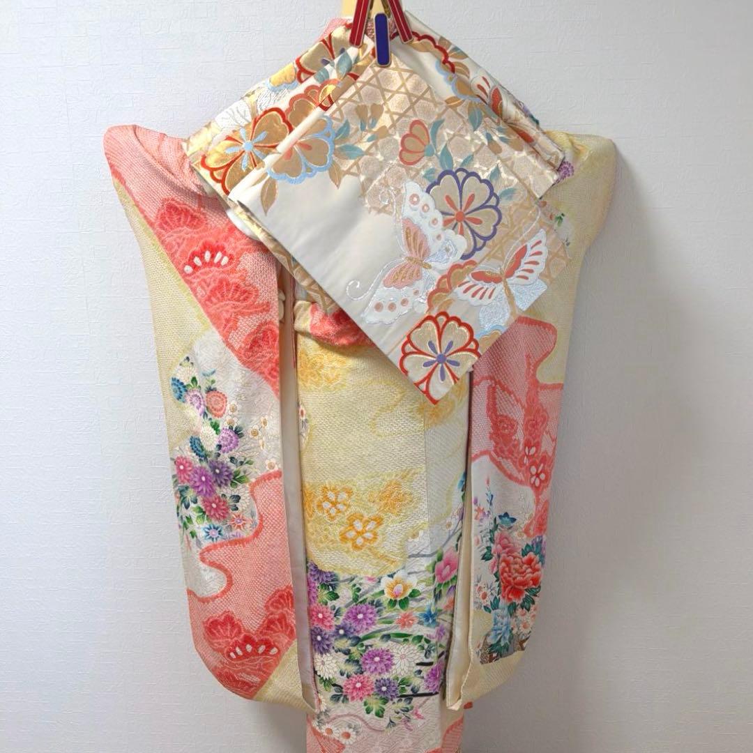 491 振袖フルセット 正絹 コーラルオレンジ クリームイエロー 絞り 金彩
