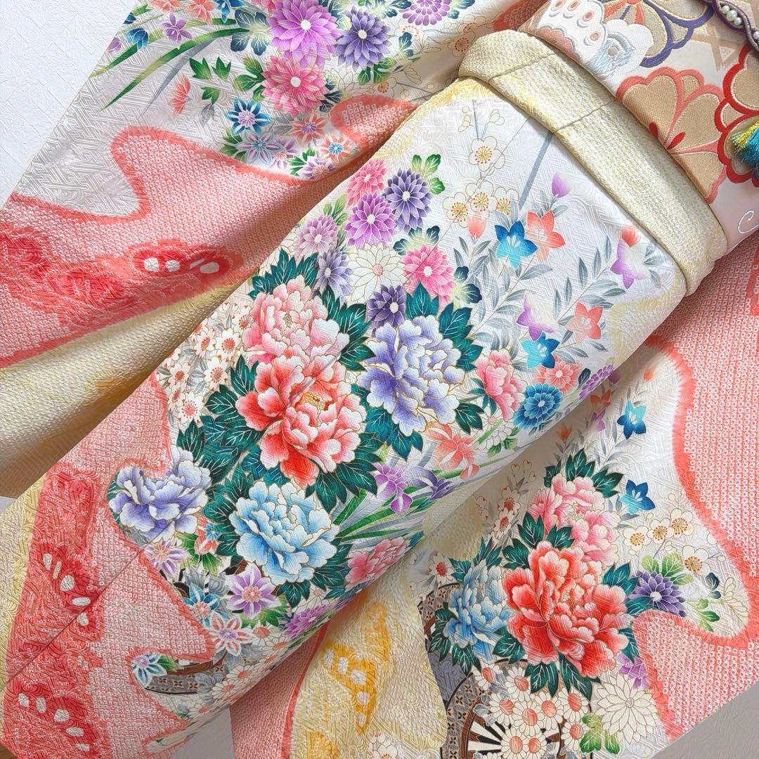 491 振袖フルセット 正絹 コーラルオレンジ クリームイエロー 絞り 金彩