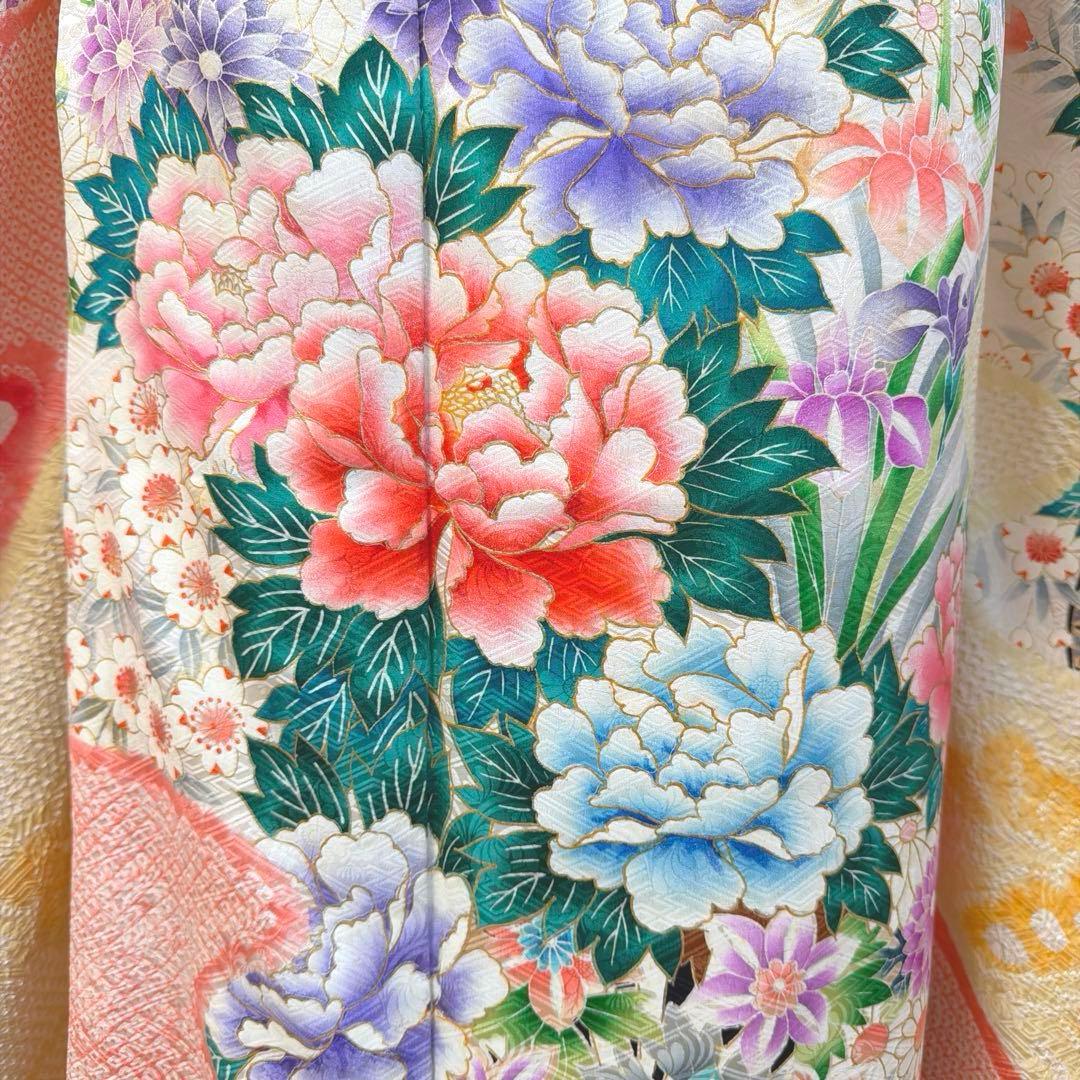 491 振袖フルセット 正絹 コーラルオレンジ クリームイエロー 絞り 金彩