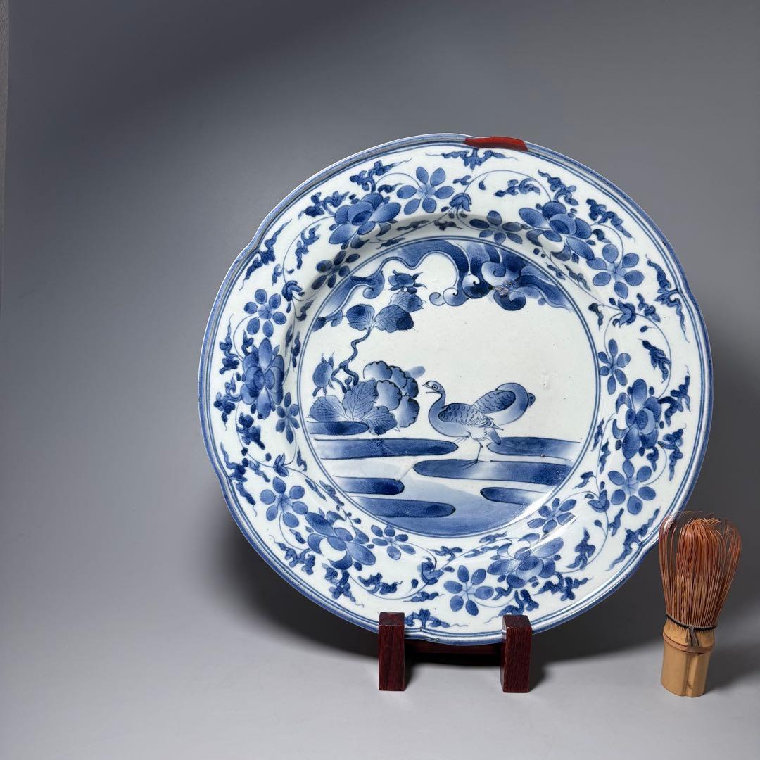 古伊万里　藍九谷様式　染付水鳥花図尺皿　31.5cm　裏唐草文　江戸中期　蒐集家