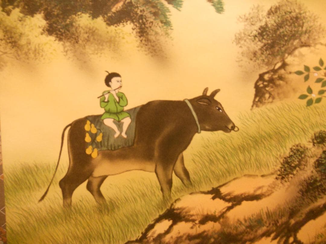 掛け軸 小川香月 黄金富士牧童図 絹本 希少 軸装 茶道具 掛軸 美品 です。