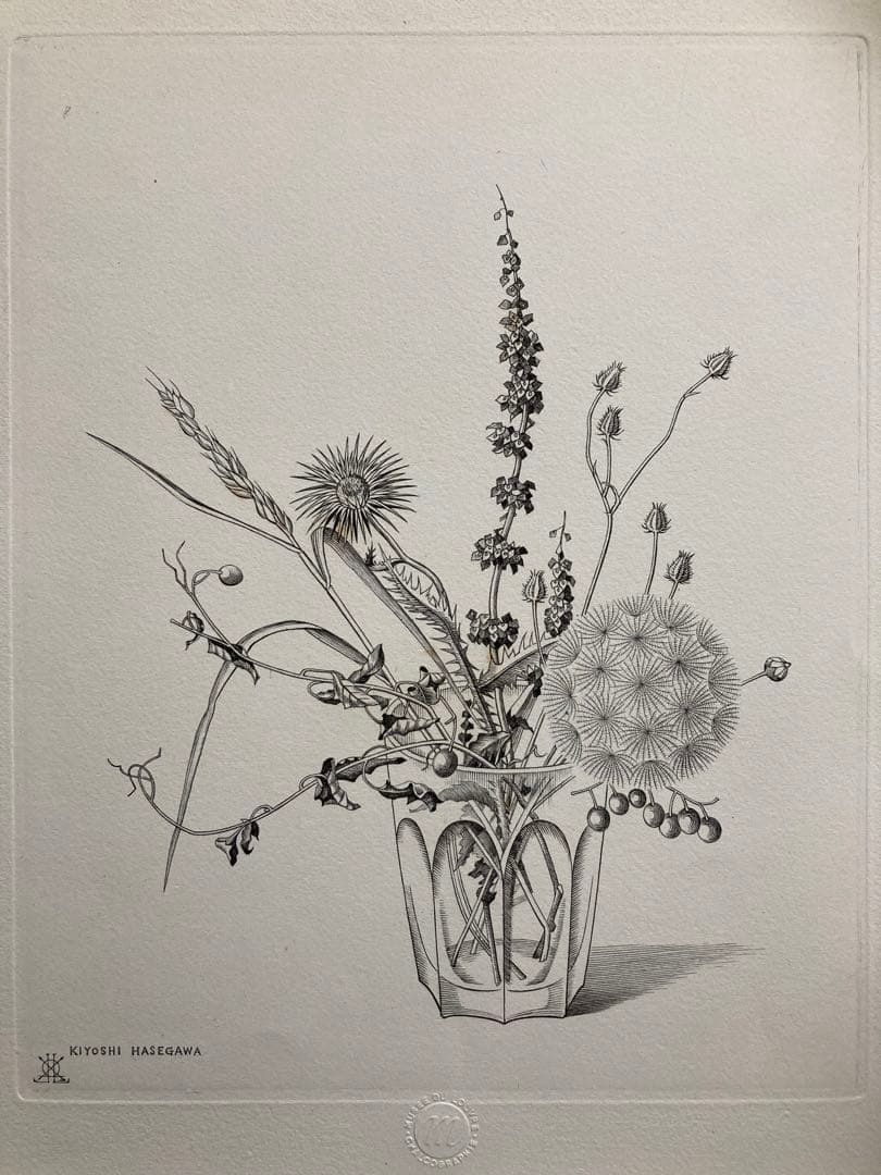 【真作保証】長谷川潔「コップに挿した野花」銅版画 額装 版画 絵画