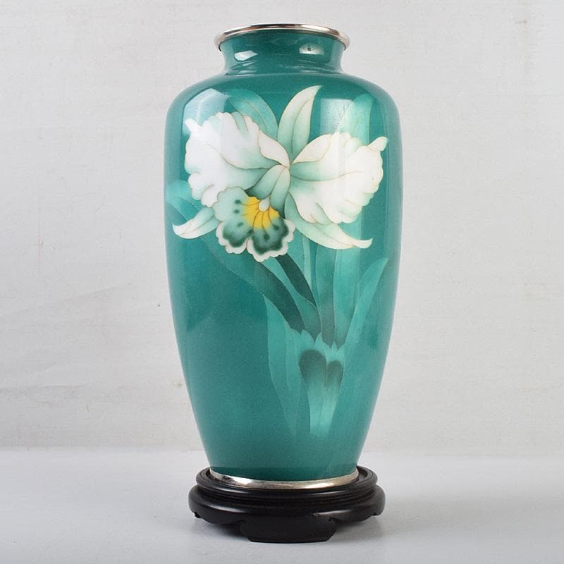 七宝焼　佐藤謨義作　水仙文　花瓶　唐木台付　共箱　V　R9237