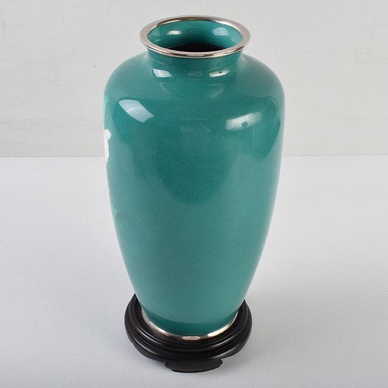 七宝焼　佐藤謨義作　水仙文　花瓶　唐木台付　共箱　V　R9237