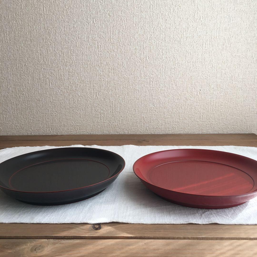 安比塗漆器工房8寸菓子皿トチ 溜 本朱 2個セット未使用品