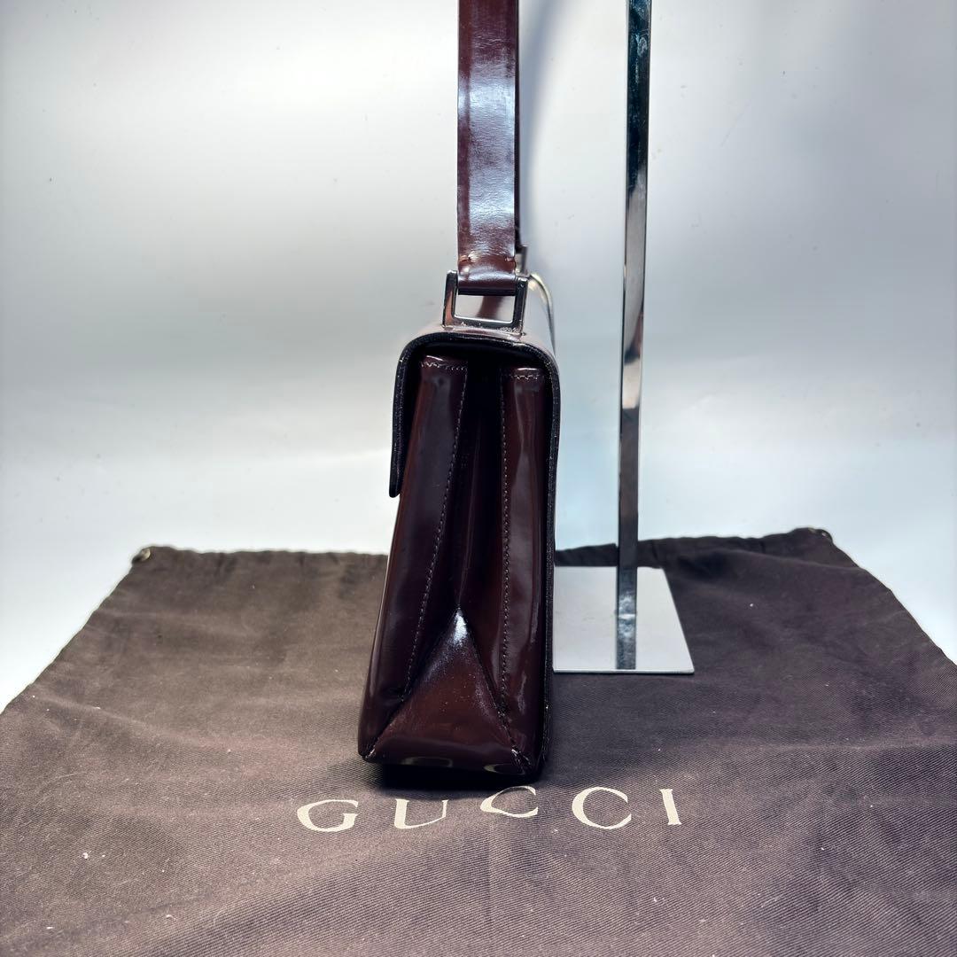 美品　GUCCI グッチ ショルダーバッグ エナメル ダークブラウン シルバー