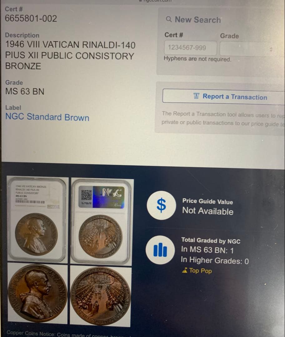 NGC Top Pop Pius XII 公会議メダル