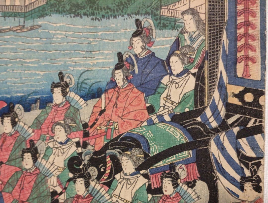 浮世絵版画、東京高輪風景 三枚綴りの右側と真ん中の2枚売り歌川芳盛画明治3年出版