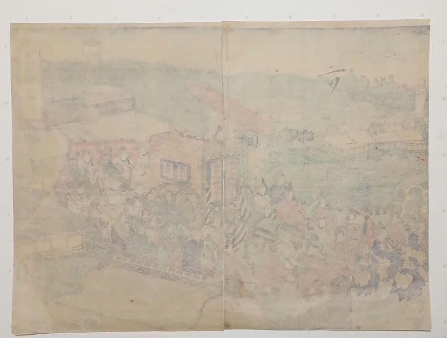 浮世絵版画、東京高輪風景 三枚綴りの右側と真ん中の2枚売り歌川芳盛画明治3年出版