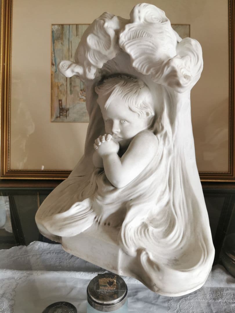 アンティークフランス 大型素焼きビスク彫像塑像 少年の祈り 作家物サイン刻印