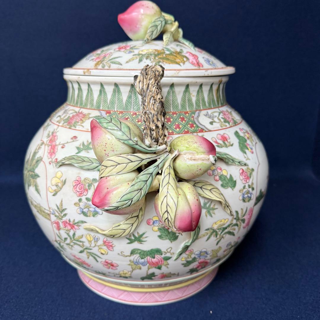 大清乾隆年製 大振り 蓋物 粉彩 桃 唐子 中国 唐物 時代 古玩 蔵出 骨董品